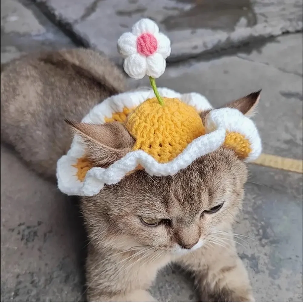 Cat or Dog Crochet Ruffle Sun Hat with Flower - Yellow and White
